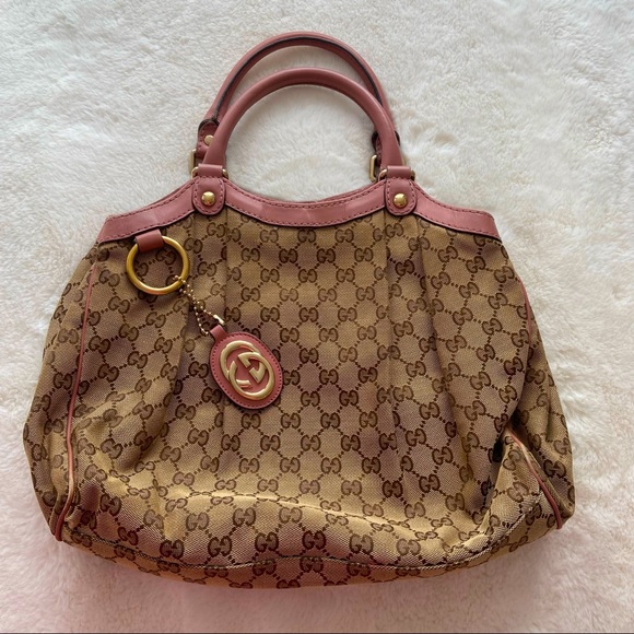 Authentic GUCCI Beige/Pink GG Canvas Medium Sukey Tote Bag - Picture 2 of 5